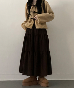 연말룩아방핏골덴코듀로이캉캉롱스커트 브라운