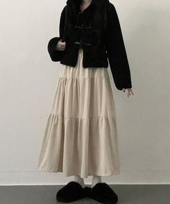 연말룩아방핏골덴코듀로이캉캉롱스커트 베이지