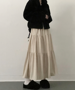 연말룩아방핏골덴코듀로이캉캉롱스커트 베이지