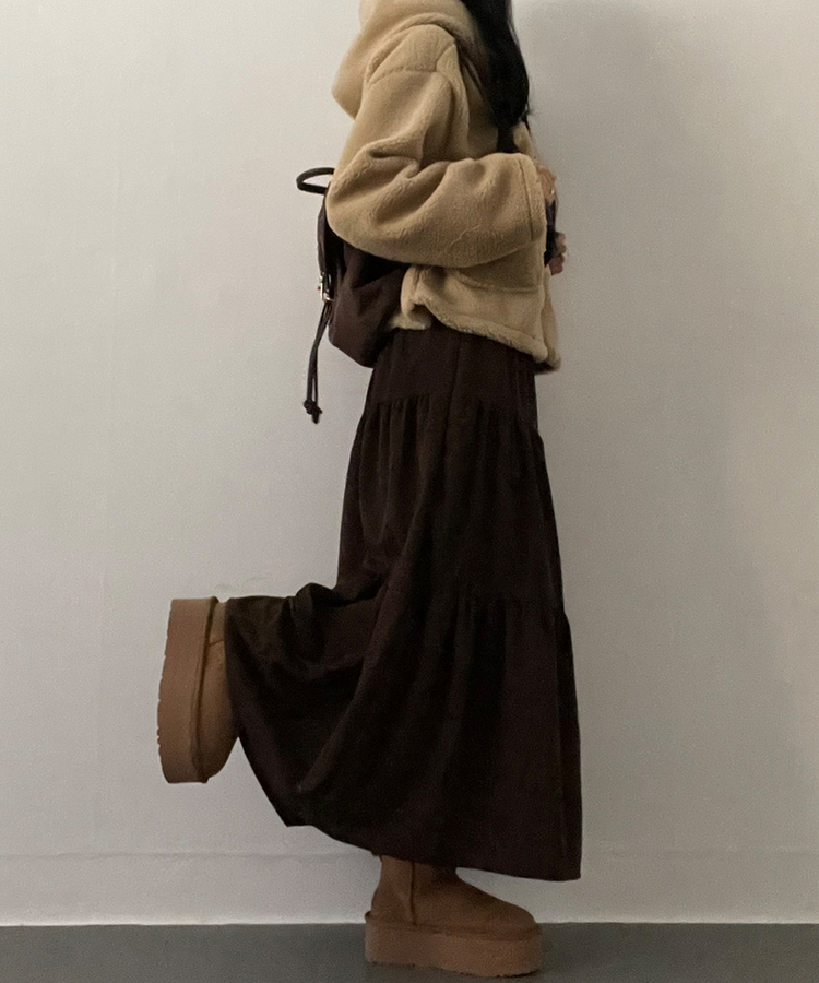 연말룩아방핏골덴코듀로이캉캉롱스커트 브라운