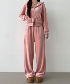 【SET】【起毛】刺繍ベルベットクロップジップアップワイドパンツ PINK
