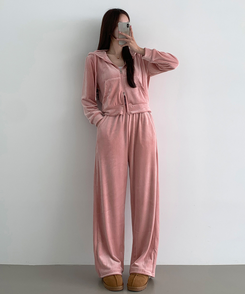 【SET】【起毛】刺繍ベルベットクロップジップアップワイドパンツ PINK
