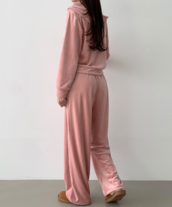【SET】【起毛】刺繍ベルベットクロップジップアップワイドパンツ PINK