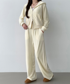 【SET】【起毛】刺繍ベルベットクロップジップアップワイドパンツ IVORY