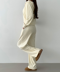 【SET】【起毛】刺繍ベルベットクロップジップアップワイドパンツ IVORY