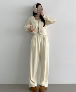 【SET】【起毛】刺繍ベルベットクロップジップアップワイドパンツ IVORY