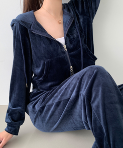 【SET】【起毛】刺繍ベルベットクロップジップアップワイドパンツ NAVY
