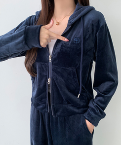 【SET】【起毛】刺繍ベルベットクロップジップアップワイドパンツ NAVY