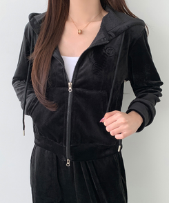 【SET】【起毛】刺繍ベルベットクロップジップアップワイドパンツ BLACK