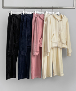 【SET】【起毛】刺繍ベルベットクロップジップアップワイドパンツ