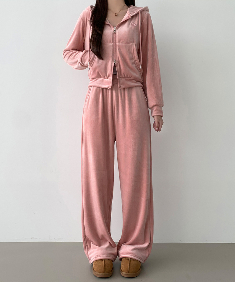 【SET】【起毛】刺繍ベルベットクロップジップアップワイドパンツ PINK