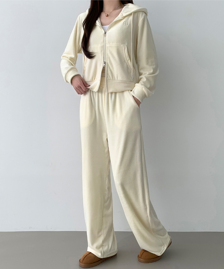 【SET】【起毛】刺繍ベルベットクロップジップアップワイドパンツ IVORY