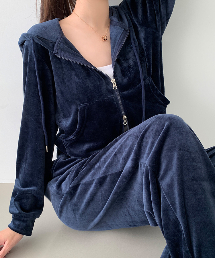 【SET】【起毛】刺繍ベルベットクロップジップアップワイドパンツ NAVY