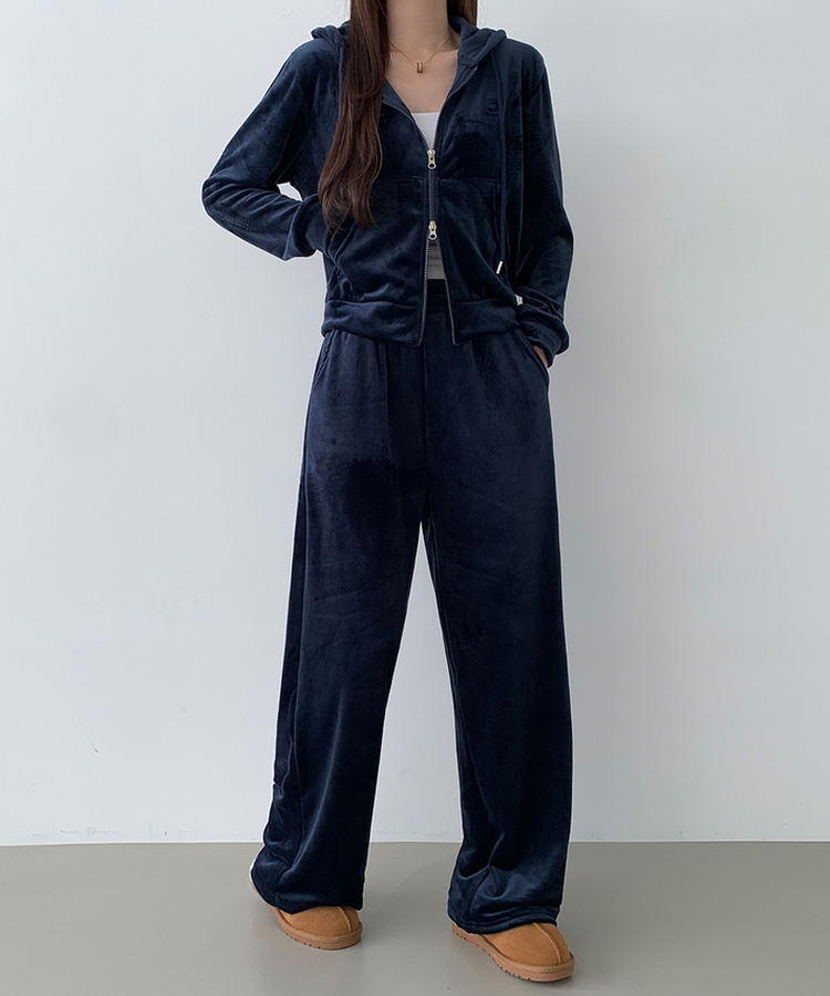 【SET】【起毛】刺繍ベルベットクロップジップアップワイドパンツ NAVY