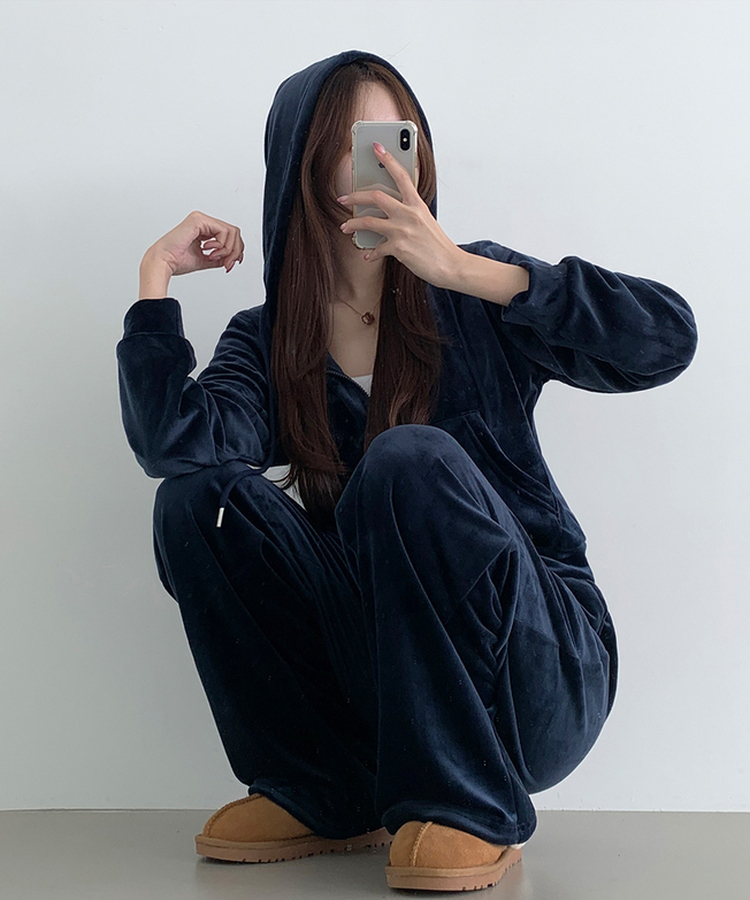 【SET】【起毛】刺繍ベルベットクロップジップアップワイドパンツ NAVY