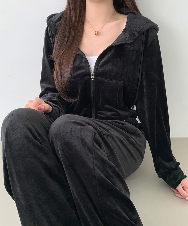 【SET】【起毛】刺繍ベルベットクロップジップアップワイドパンツ BLACK