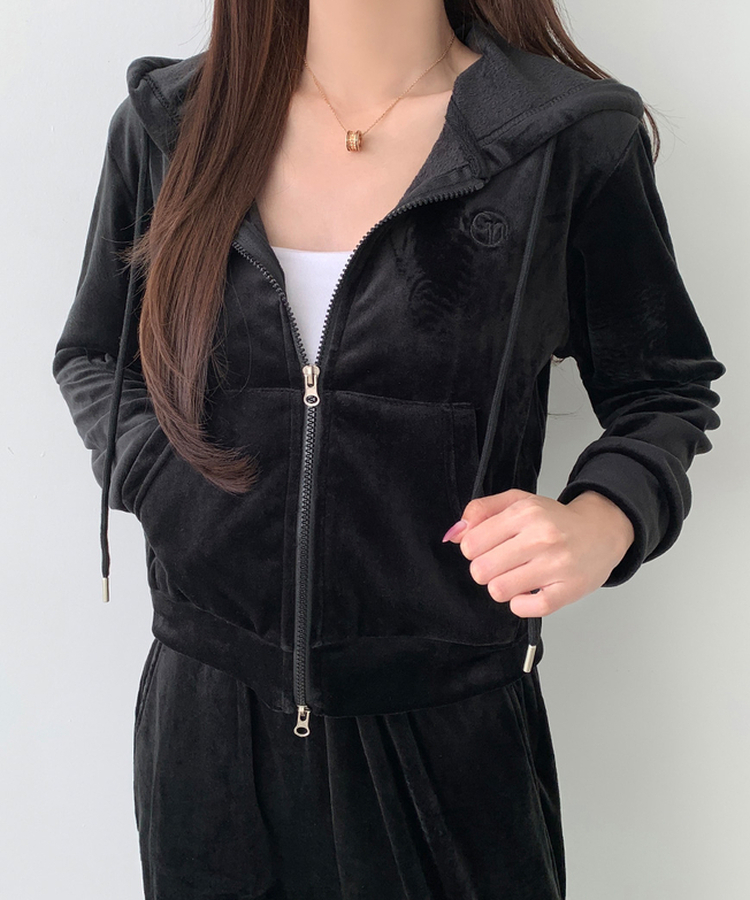 【SET】【起毛】刺繍ベルベットクロップジップアップワイドパンツ BLACK