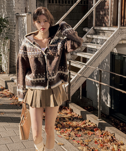 フードクリスマスノルディックニットカーディガン BROWN