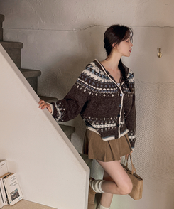 フードクリスマスノルディックニットカーディガン BROWN