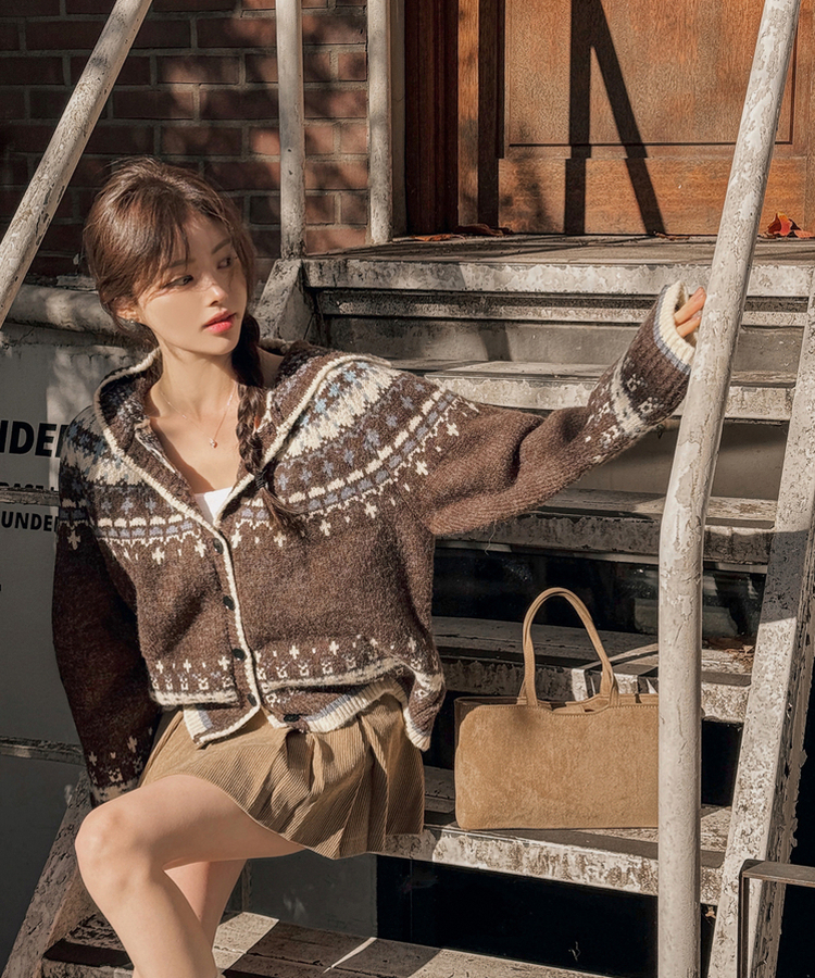 フードクリスマスノルディックニットカーディガン BROWN