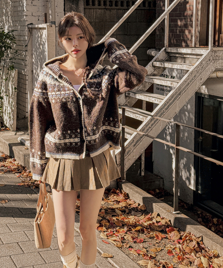 フードクリスマスノルディックニットカーディガン BROWN