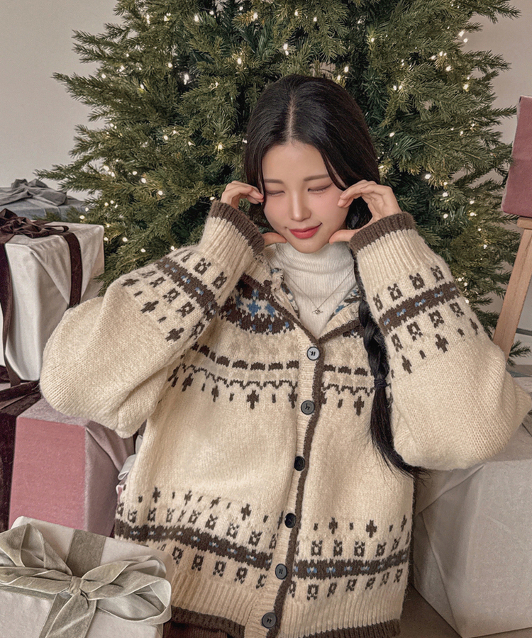 フードクリスマスノルディックニットカーディガン IVORY