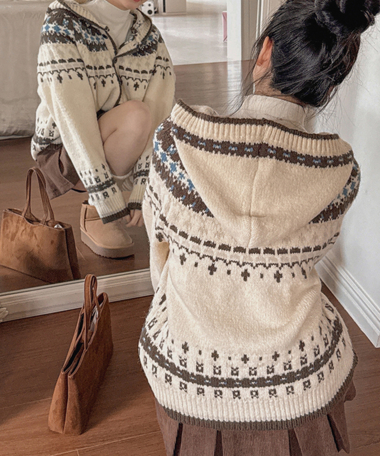 フードクリスマスノルディックニットカーディガン IVORY