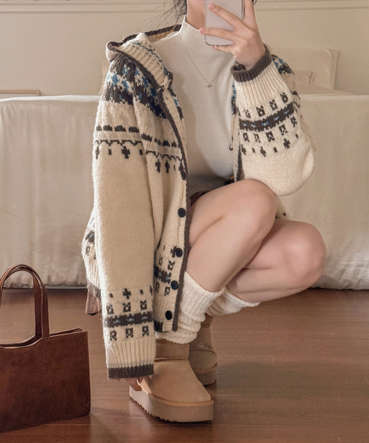 フードクリスマスノルディックニットカーディガン IVORY