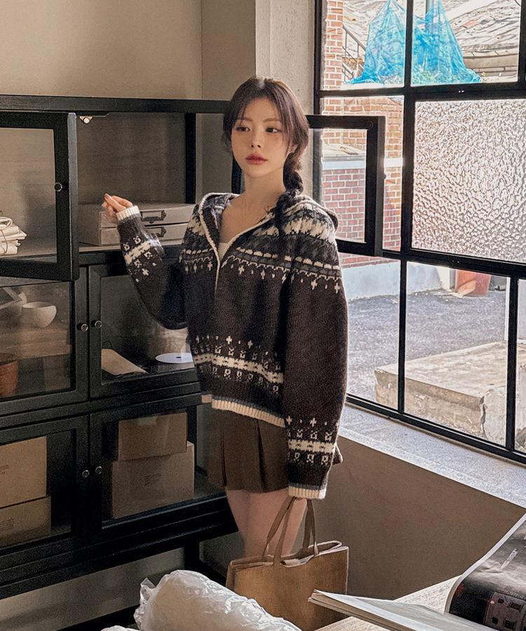 フードクリスマスノルディックニットカーディガン BROWN