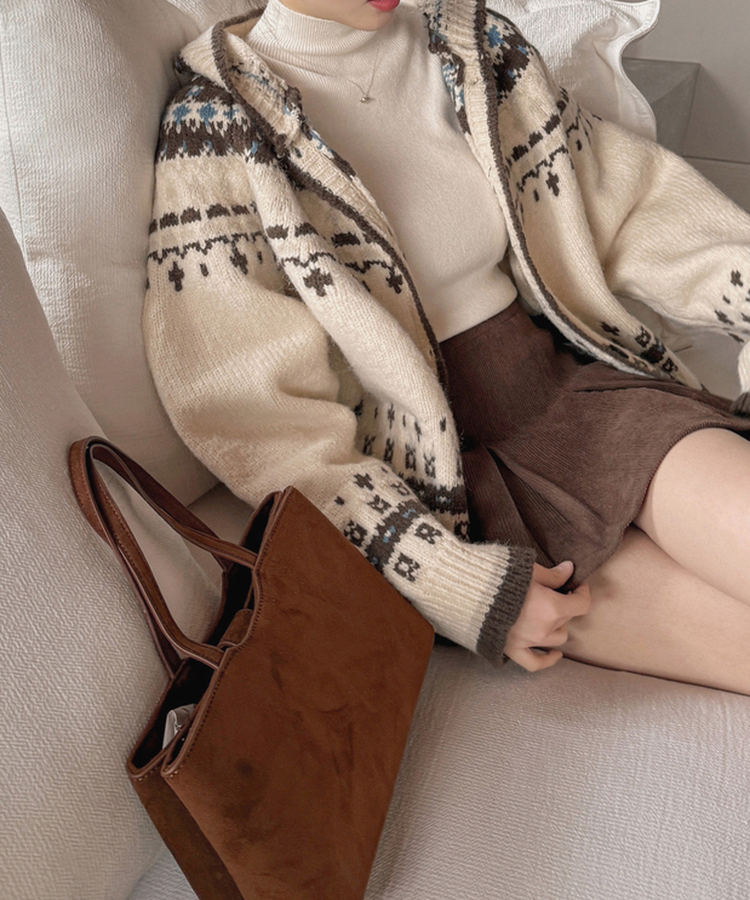 フードクリスマスノルディックニットカーディガン IVORY