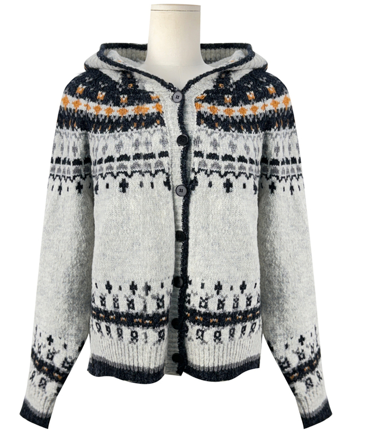 フードクリスマスノルディックニットカーディガン