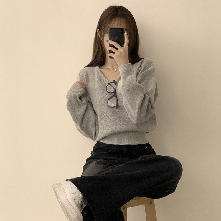 손이가요 손이가 겨울 폭닥 도톰 브이넥 긴팔 세미 크롭 니트 가을 상의 크리스마스 데일리 하객룩 겨울옷 10color 그레이