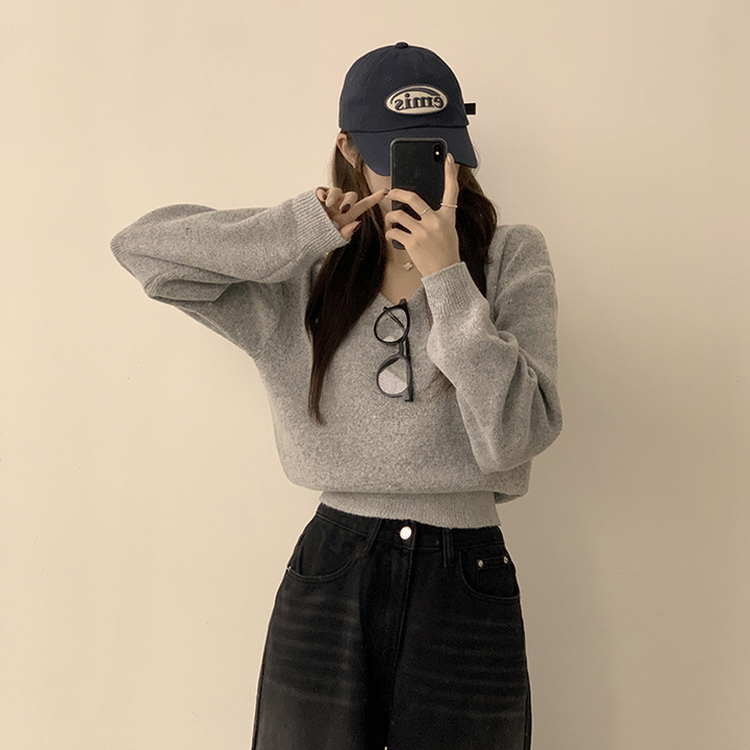 손이가요 손이가 겨울 폭닥 도톰 브이넥 긴팔 세미 크롭 니트 가을 상의 크리스마스 데일리 하객룩 겨울옷 10color 그레이