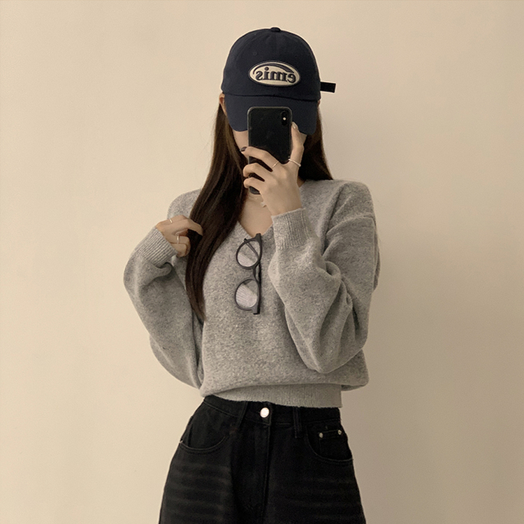 손이가요 손이가 겨울 폭닥 도톰 브이넥 긴팔 세미 크롭 니트 가을 상의 크리스마스 데일리 하객룩 겨울옷 10color 그레이