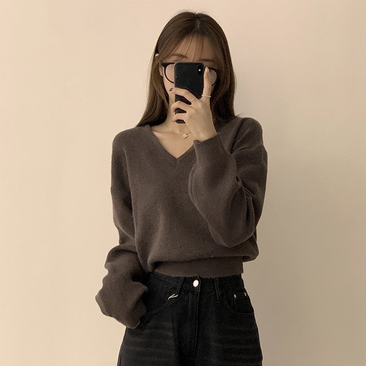 손이가요 손이가 겨울 폭닥 도톰 브이넥 긴팔 세미 크롭 니트 가을 상의 크리스마스 데일리 하객룩 겨울옷 10color 브라운