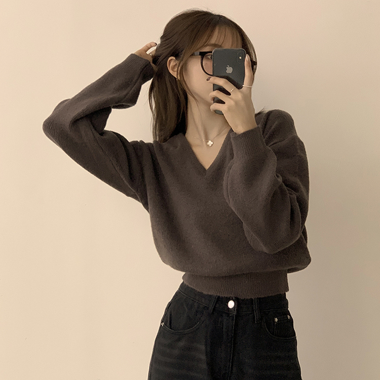 손이가요 손이가 겨울 폭닥 도톰 브이넥 긴팔 세미 크롭 니트 가을 상의 크리스마스 데일리 하객룩 겨울옷 10color 브라운