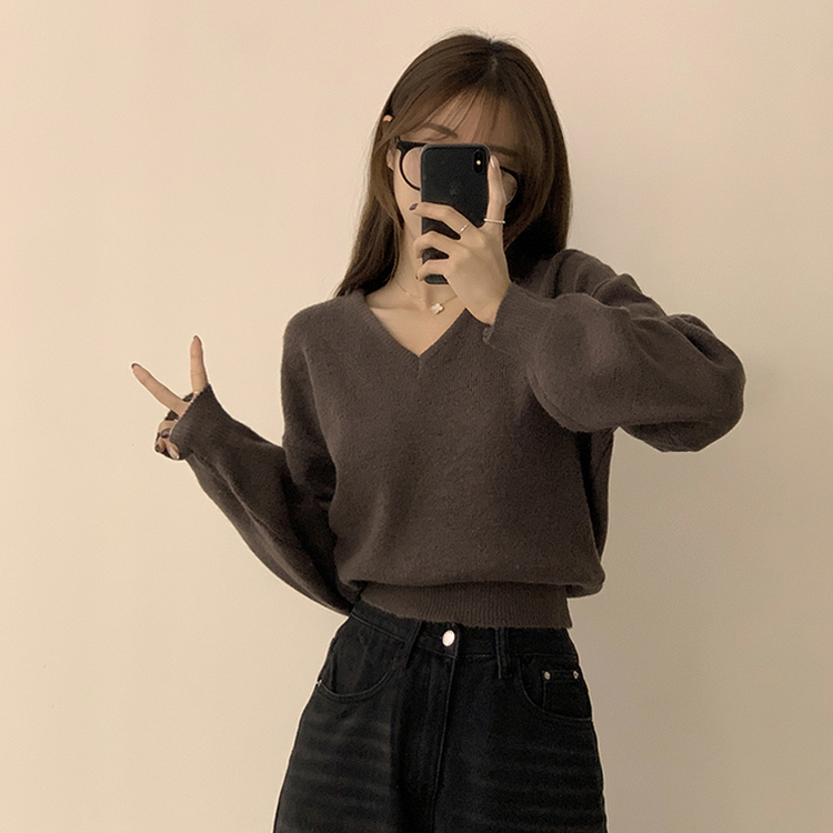 손이가요 손이가 겨울 폭닥 도톰 브이넥 긴팔 세미 크롭 니트 가을 상의 크리스마스 데일리 하객룩 겨울옷 10color 브라운