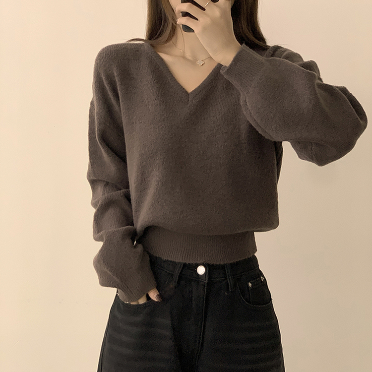 손이가요 손이가 겨울 폭닥 도톰 브이넥 긴팔 세미 크롭 니트 가을 상의 크리스마스 데일리 하객룩 겨울옷 10color 브라운