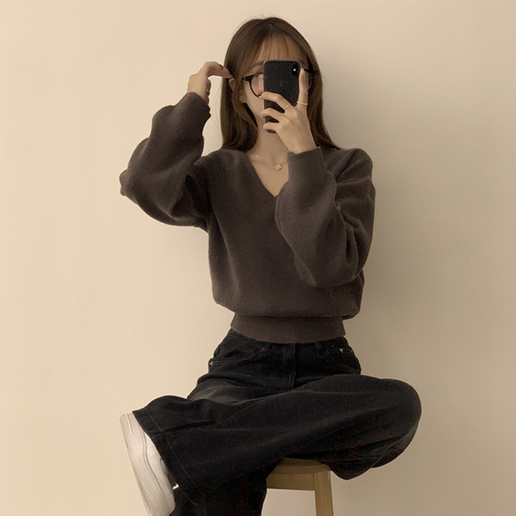 손이가요 손이가 겨울 폭닥 도톰 브이넥 긴팔 세미 크롭 니트 가을 상의 크리스마스 데일리 하객룩 겨울옷 10color 브라운