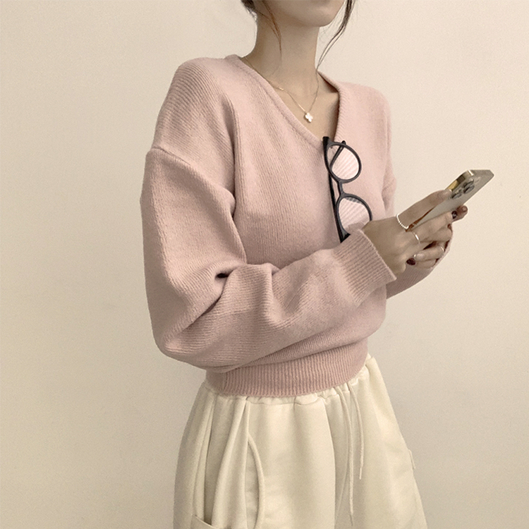 손이가요 손이가 겨울 폭닥 도톰 브이넥 긴팔 세미 크롭 니트 가을 상의 크리스마스 데일리 하객룩 겨울옷 10color 스킨핑크