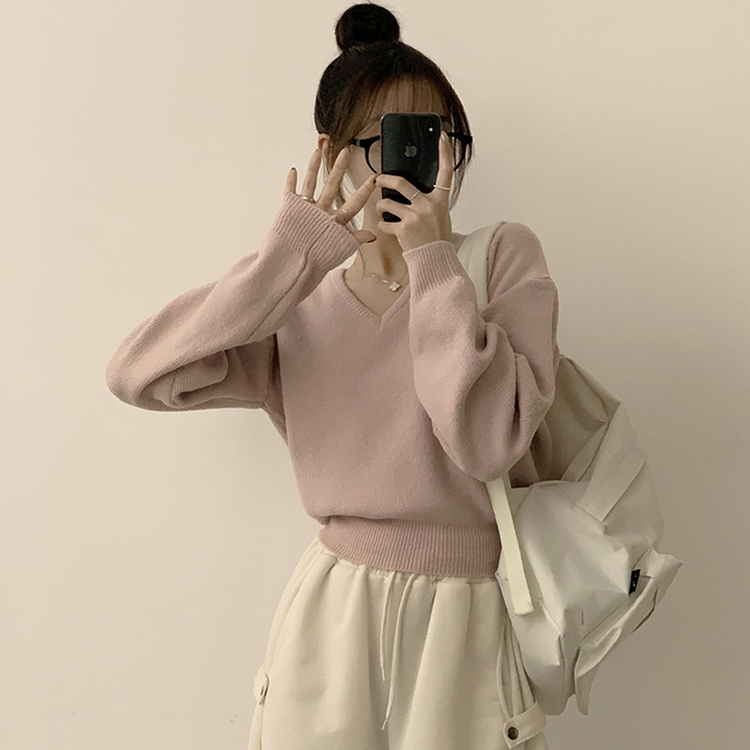 손이가요 손이가 겨울 폭닥 도톰 브이넥 긴팔 세미 크롭 니트 가을 상의 크리스마스 데일리 하객룩 겨울옷 10color 스킨핑크