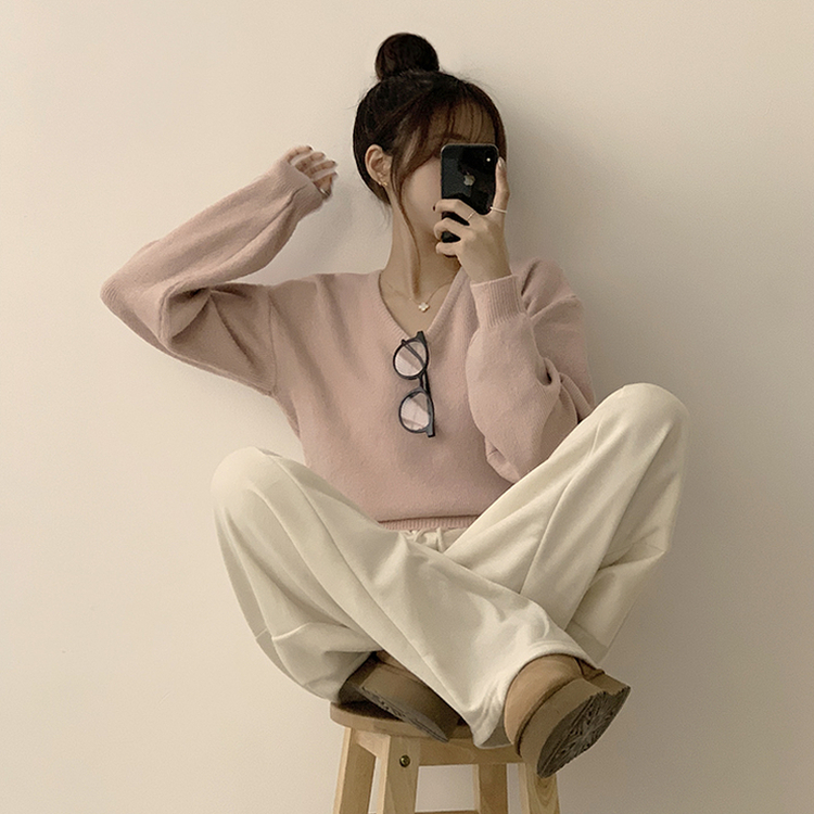 손이가요 손이가 겨울 폭닥 도톰 브이넥 긴팔 세미 크롭 니트 가을 상의 크리스마스 데일리 하객룩 겨울옷 10color 스킨핑크