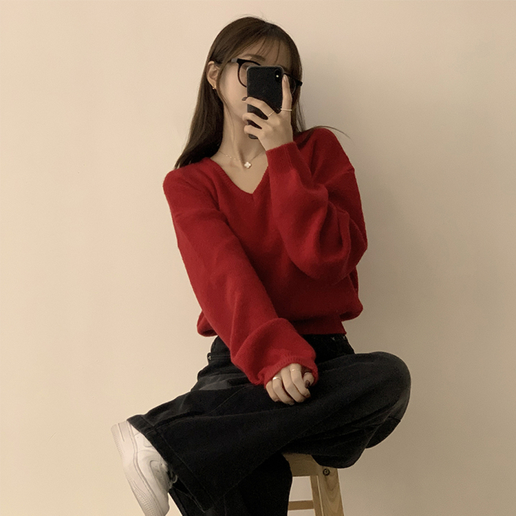 손이가요 손이가 겨울 폭닥 도톰 브이넥 긴팔 세미 크롭 니트 가을 상의 크리스마스 데일리 하객룩 겨울옷 10color 레드