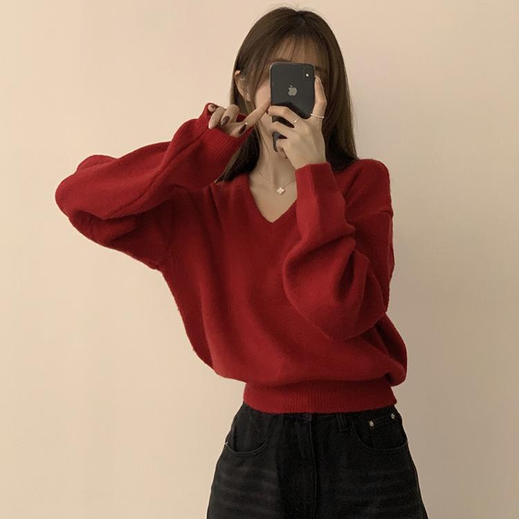 손이가요 손이가 겨울 폭닥 도톰 브이넥 긴팔 세미 크롭 니트 가을 상의 크리스마스 데일리 하객룩 겨울옷 10color 레드