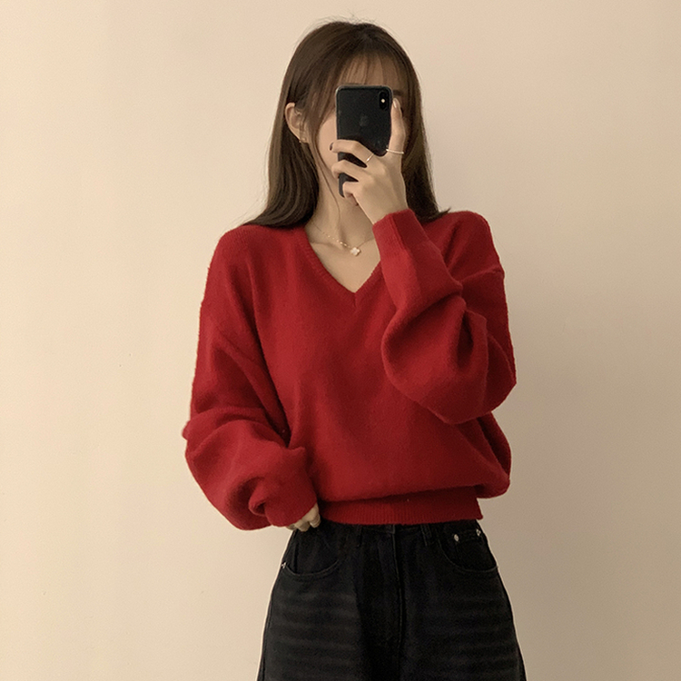 손이가요 손이가 겨울 폭닥 도톰 브이넥 긴팔 세미 크롭 니트 가을 상의 크리스마스 데일리 하객룩 겨울옷 10color 레드
