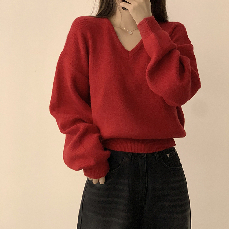 손이가요 손이가 겨울 폭닥 도톰 브이넥 긴팔 세미 크롭 니트 가을 상의 크리스마스 데일리 하객룩 겨울옷 10color 레드