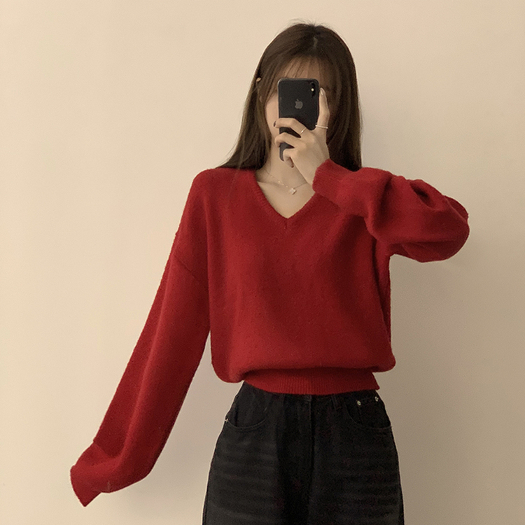 손이가요 손이가 겨울 폭닥 도톰 브이넥 긴팔 세미 크롭 니트 가을 상의 크리스마스 데일리 하객룩 겨울옷 10color 레드