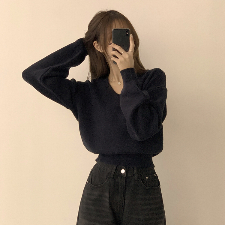 손이가요 손이가 겨울 폭닥 도톰 브이넥 긴팔 세미 크롭 니트 가을 상의 크리스마스 데일리 하객룩 겨울옷 10color 네이비