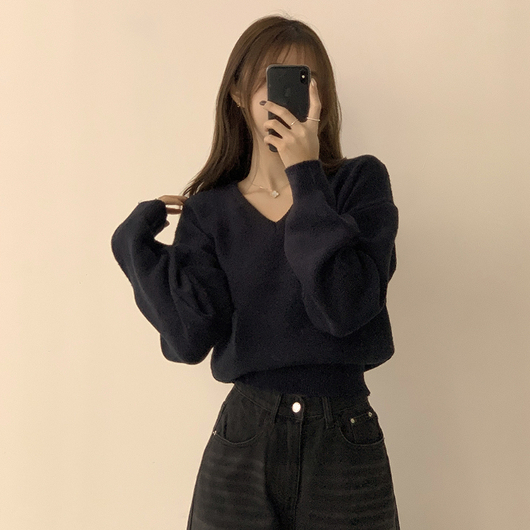 손이가요 손이가 겨울 폭닥 도톰 브이넥 긴팔 세미 크롭 니트 가을 상의 크리스마스 데일리 하객룩 겨울옷 10color 네이비