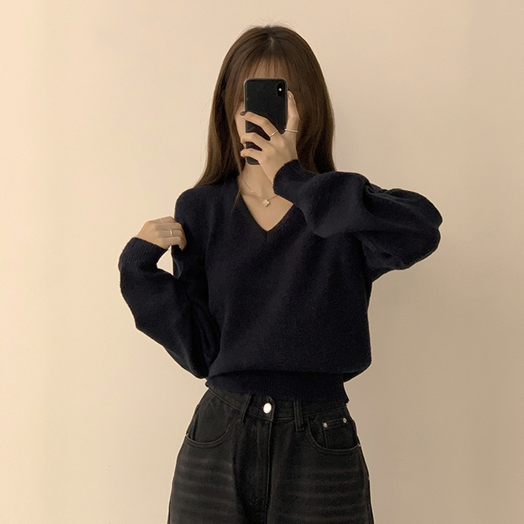 손이가요 손이가 겨울 폭닥 도톰 브이넥 긴팔 세미 크롭 니트 가을 상의 크리스마스 데일리 하객룩 겨울옷 10color 네이비